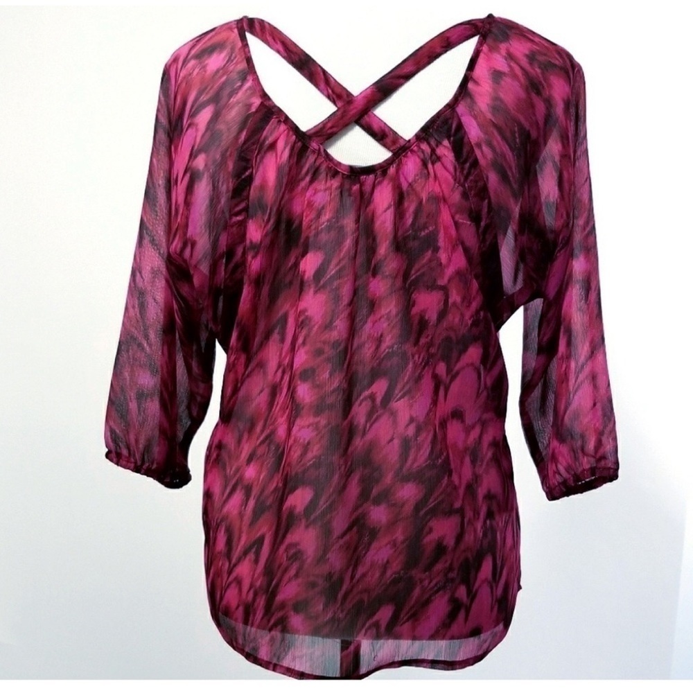 Express feather Blouse top MEDIUM magenta pink 3/4 Sleeve Criss Cross back - Picture 3 of 7